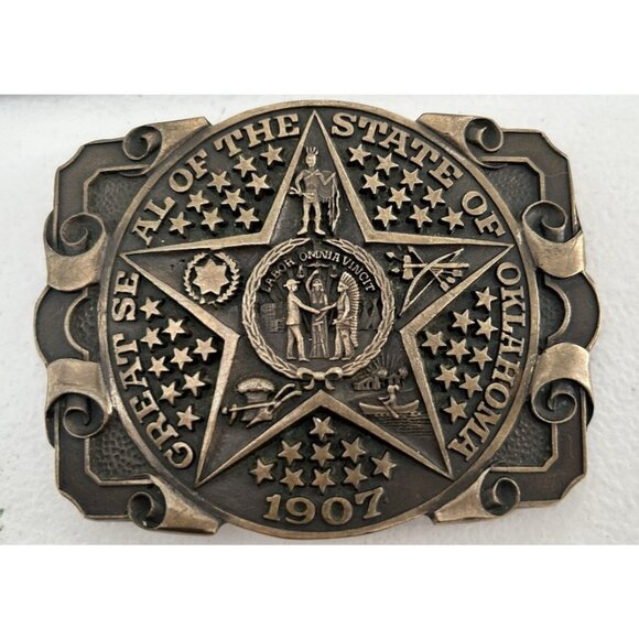 Vintage ADM Award Design Metals Inc Solid Brass Buckle Great Seal State of Ok - Picture 1 of 5